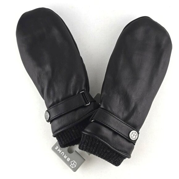 BRUME Bromont Women's Black Leather Mittens Faux Plush Lined Knit Cuffs Size S - Picture 1 of 10